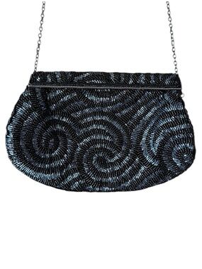 La Regale Vintage Beaded Purse Swirl Black Clutch Metal Chain Shoulder Event